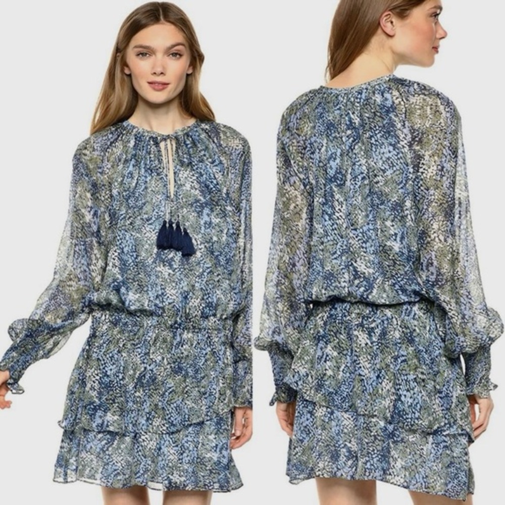 Ramy Brook Brinley Dress Mini Blouson Blue Sage Silk 8 Boho Chic Cottagecore